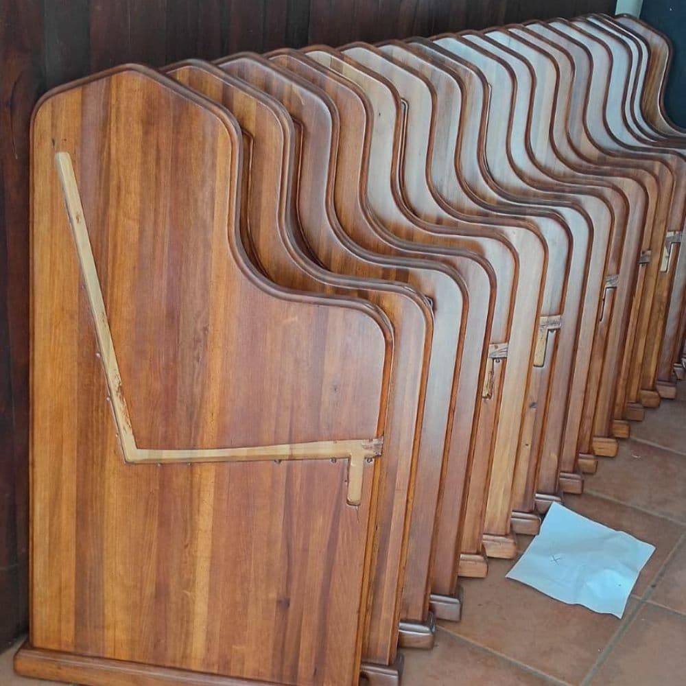 Refinished church pew woodwork